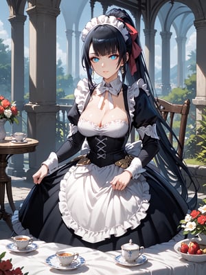 score_9,score_8_up,score_7_up,score_6_up, masterpiece, best quality, highres
,//Character, 
1girl, solo,narberal gamma \(overlord\), long hair, black hair, glay eyes, bangs, ponytail, medium breats
,//Fashion, 
maid
,//Background, 
,//Others, ,Expressiveh, 
A girl having a tea party with her shadow, which has come to life and is pouring tea from a ray of sunlight.