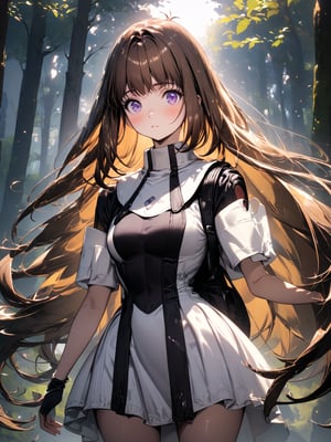 A young girl with long brown hair and bright eyes, standing at the edge of a magical forest. She's wearing a simple dress and holding a small backpack. Sunlight filters through the trees, creating a mystical atmosphere. The girl looks excited and slightly nervous.
best quality, 8k, 8k UHD, ultra-high resolution, ultra-high definition, highres
,//Character, 
1girl, solo
,//Fashion, 
,//Background, 
,//Others, ,Expressiveh,
elhaym_van_houten, long hair, brown hair, purple eyes, dress