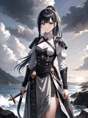 score_9,score_8_up,score_7_up,score_6_up, masterpiece, best quality, highres
,//Character, 
1girl,narberal gamma \(overlord\), long hair, black hair, glay eyes, bangs, ponytail, medium breats
,//Fashion, 

,//Background, 
,//Others, ,Expressiveh, 
The girl climbing a steep, rocky cliff face. Her dress is slightly torn, and her hair is windswept. She's reaching for a handhold, determination evident on her face. Dark storm clouds gather in the background, adding drama to the scene.