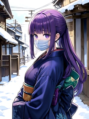 //Quality,
(masterpiece), (best quality), 8k illustration,
,//Character,
1girl, solo, 
,//Fashion,
details (dark blue silk brocade kimono)
,//Background,
Kyoto, outdoors, winter, snow
,//Others,
chin mask,goodbye,aafern, long hair, purple hair