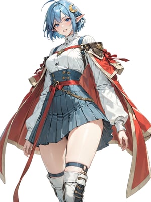 //Quality, masterpiece, best quality, detailmaster2, 8k, 8k UHD, ultra detailed, ultra-high resolution, ultra-high definition, highres, 
//Character, 1girl, solo, blue eyes, short hair, blue hair, pointy ears, ahoge,
//Fashion, red cape, skirt, thighhighs, crescent hair ornament,
//Background, white background, 
//Others, looking at viewer, smile, 