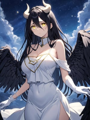 //Quality,
masterpiece, best quality, detailed
,//Character,
1girl, solo
,//Fashion,
,//Background,
star_(sky)
,//Others,
,albedo \(overlord\), 1girl, long hair, black hair, hair between eyes, yellow eyes, horns, ahoge, white gloves, white dress, bare shoulders, detached collar, cleavage, slit pupils, black wings, feathered wings, low wings
