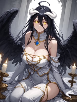 masterpiece, best quality, highres
,//Character, 
1girl, solo,albedo \(overlord\), long hair, black hair, hair between eyes, yellow eyes, horns, ahoge, black wings, feathered wings, low wings
,//Fashion, 
white gloves, white dress, bare shoulders, detached collar, cleavage, slit pupils
,//Background, 
,//Others, ,Expressiveh, 
A young priestess kneeling before a dark altar, surrounded by ominous statues and flickering candles.