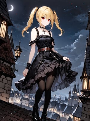 masterpiece, best quality, highres
,//Character, 
1girl, solo,AmaneMisa, twintails, blonde hair, red eyes, sidelocks
,//Fashion, 
black dress, sleeveless, bare shoulders, collarbone, choker, skirt, frills, belt, black pantyhose, cross
,//Background, 
,//Others, ,Expressiveh, 
A twin-tailed assassin girl perched on a rooftop, observing a medieval fantasy city at night.