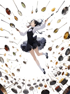 masterpiece, best quality, highres
,//Character, 
1girl, solo
,//Fashion, 
,//Background, white background
,//Others, ,Expressiveh, 
,AobaTsukuyo,
A girl conducting an orchestra of kitchen utensils, each spoon and fork playing itself while floating in mid-air.