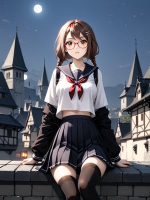 masterpiece, best quality, highres
,//Character, 
1girl, solo,SakimiyaMisaki, brown hair, twin braids, brown eyes, glasses, red-framed eyewear
,//Fashion, 
school uniform, hair ornament, hairclip, pleated skirt, black thighhighs
,//Background, 
,//Others, ,Expressiveh, 
A twin-tailed assassin girl perched on a rooftop, observing a medieval fantasy city at night.