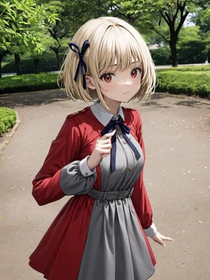 //Quality,
photo r3al, detailmaster2, masterpiece, photorealistic, 8k, 8k UHD, best quality, ultra realistic, ultra detailed, hyperdetailed photography, real photo
,//Character,
1girl, solo
,//Fashion,
,//Background,
park
,//Others,
,nishikigi chisato, bob cut, hair ribbon, lycoris uniform, two-tone dress, red dress, grey dress, neck ribbon, long sleeves