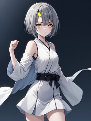 best quality, 8k, 8k UHD, ultra-high resolution, ultra-high definition, highres
,//Character, 
1girl, solo
,//Fashion, 
,//Background, 
,//Others, ,Expressiveh, 
Ataru, short hair, grey hair, yellow eyes, heterochromia, glowing, single horn, dress, legs,
A female martial artist demonstrating a complex kata, her gi in motion