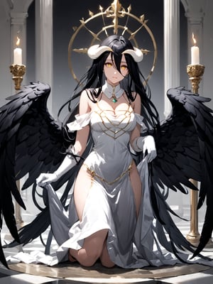 masterpiece, best quality, highres
,//Character, 
1girl, solo,albedo \(overlord\), long hair, black hair, hair between eyes, yellow eyes, horns, ahoge, black wings, feathered wings, low wings
,//Fashion, 
white gloves, white dress, bare shoulders, detached collar, cleavage, slit pupils
,//Background, 
,//Others, ,Expressiveh, 
A young priestess kneeling before a dark altar, surrounded by ominous statues and flickering candles.