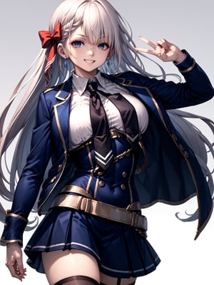 score_9,score_8_up,score_7_up,score_6_up, masterpiece, best quality
,//Character, 
1girl, solo,RiseliaRayCrystalia, very long hair, white hair, braid, blue eyes, medium breasts
,//Fashion, 
earrings, red hair bow, long sleeves, white shirt, collared shirt, black necktie, blue jacket, blue skirt, pleated skirt, black thighhighs, belt
,//Background, white_background
,//Others,
(making a V sign), smile