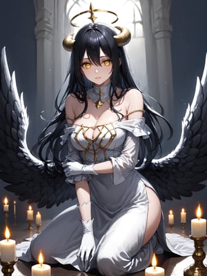 masterpiece, best quality, highres
,//Character, 
1girl, solo,albedo \(overlord\), long hair, black hair, hair between eyes, yellow eyes, horns, ahoge, black wings, feathered wings, low wings
,//Fashion, 
white gloves, white dress, bare shoulders, detached collar, cleavage, slit pupils
,//Background, 
,//Others, ,Expressiveh, 
A young priestess kneeling before a dark altar, surrounded by ominous statues and flickering candles.