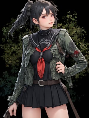 best quality, 8k, 8k UHD, ultra-high resolution, ultra-high definition, highres
,//Character, 
1girl, solo
,//Fashion, 
,//Background, 
,//Others, ,Expressiveh,
long hair, black hair, red eyes, hoop earrings, black serafuku, sailor collar, black shirt, red neckerchief, armband, pleated skirt, black skirt,2bEimi