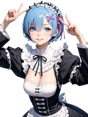 //Quality,
masterpiece, best quality, detailed
,//Character,
solo,rem \(re_zero\), 1girl, blue eyes, blue hair, short hair
,//Fashion,
roswaal mansion maid uniform, hair ribbon
,//Background,
white_background, simple_background
,//Others,
smile, V