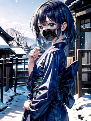 //Quality,
(masterpiece), (best quality), 8k illustration,
,//Character,
1girl, solo, 
,//Fashion,
details (dark blue silk brocade kimono)
,//Background,
Kyoto, outdoors, winter, snow
,//Others,
virus, mask, goodbye,hmakane, blue hair, short hair