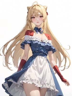 //Quality, masterpiece, best quality, detailmaster2, 8k, 8k UHD, ultra detailed, ultra-high resolution, ultra-high definition, highres, 
//Character, 1girl, solo,Terakomari, long hair, blonde hair, red eyes, ahoge, 
//Fashion, frills, off shoulder, hair bun, dress, see-through, off-shoulder dress,
//Background, white background, 
//Others, 