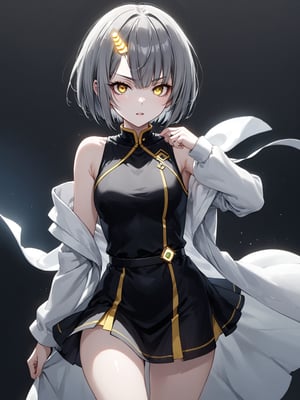 best quality, 8k, 8k UHD, ultra-high resolution, ultra-high definition, highres
,//Character, 
1girl, solo
,//Fashion, 
,//Background, 
,//Others, ,Expressiveh, 
Ataru, short hair, grey hair, yellow eyes, heterochromia, glowing, single horn, dress, open legs,
A female martial artist demonstrating a complex kata, her gi in motion