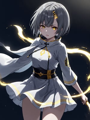 best quality, 8k, 8k UHD, ultra-high resolution, ultra-high definition, highres
,//Character, 
1girl, solo
,//Fashion, 
,//Background, 
,//Others, ,Expressiveh, 
Ataru, short hair, grey hair, yellow eyes, heterochromia, glowing, single horn, dress, open legs,
A female martial artist demonstrating a complex kata, her gi in motion