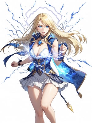 masterpiece, best quality, highres
,//Character, 
1girl, solo, long hair, blonde hair, blue eyes
,//Fashion, 

,//Background, white_background
,//Others, ,Expressiveh, 
lightning magic charging