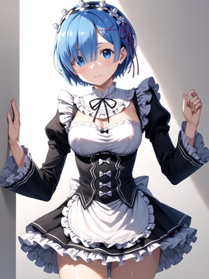 masterpiece, best quality, detailmaster2, 8k, 8k UHD, ultra detailed, ultra-high resolution, ultra-high definition, highres, 
//Background, white_background,
//Character, ,rem \(re_zero\), 1girl, solo, blue eyes, blue hair, short hair, 
//Fashion, ,roswaal mansion maid uniform, hair ribbon
//Others, ,score_6_up