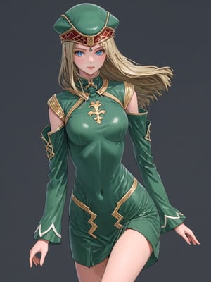 //Character, solo, Frey_VP, 1girl, blue eyes, long hair, blonde hair, 
//Fashion, hat, green dress, detached sleeves, green footwear, 
//Background, simple background, 
//Quality, (masterpiece), best quality, ultra-high resolution, ultra-high definition, highres, intricate, intricate details, absurdres, highly detailed, finely detailed, ultra-detailed, ultra-high texture quality, natural lighting, natural shadow, dramatic shading, dramatic lighting, vivid colour, perfect anatomy, 
//Others, 