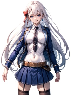 score_9,score_8_up,score_7_up,score_6_up, masterpiece, best quality
,//Character, 
1girl, solo,RiseliaRayCrystalia, very long hair, white hair, braid, blue eyes, medium breasts
,//Fashion, 
earrings, red hair bow, long sleeves, white shirt, collared shirt, black necktie, blue jacket, blue skirt, pleated skirt, black thighhighs, belt
,//Background, white_background
,//Others,
(making a V sign), smile