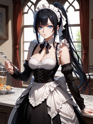 score_9,score_8_up,score_7_up,score_6_up, masterpiece, best quality, highres
,//Character, 
1girl, solo,narberal gamma \(overlord\), long hair, black hair, glay eyes, bangs, ponytail, medium breats
,//Fashion, 
maid
,//Background, 
,//Others, ,Expressiveh, 
A girl conducting an orchestra of kitchen utensils, each spoon and fork playing itself while floating in mid-air.