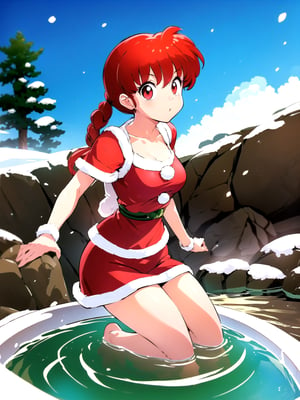 1girl, solo, Hot springs, Ranma style, female Santa,RanmaChan, red_hair,so-bin