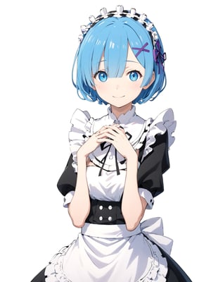 //Quality,
masterpiece, best quality, detailed
,//Character,
solo,rem \(re_zero\), 1girl, blue eyes, blue hair, short hair
,//Fashion,
roswaal mansion maid uniform, hair ribbon
,//Background,
white_background, simple_background
,//Others,
smile, V