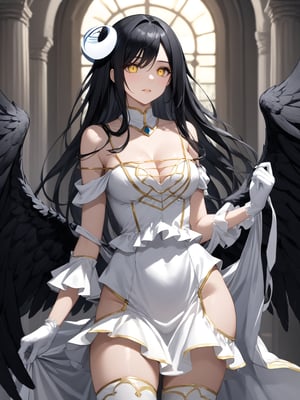 masterpiece, best quality, highres
,//Character, 
1girl, solo,albedo \(overlord\), long hair, black hair, hair between eyes, yellow eyes, white horns, ahoge, black wings, feathered wings, low wings
,//Fashion, 
white gloves, white dress, bare shoulders, detached collar, cleavage, slit pupils
,//Background, 
,//Others, ,Expressiveh, 
A young girl with heterochromatic eyes, wearing an elaborate gothic lolita dress, standing confidently in a grand throne room.