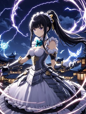 //Quality,
masterpiece, best quality, detailed
,//Character,
,narberal gamma \(overlord\), 1girl, solo, long hair, black hair, glay eyes, bangs, ponytail, medium breats
,//Fashion,
ribbon, bow, maid, dress, armor, gloves
,//Background,
night_sky, flying
,//Others,
magic chanting, magic circle, electric magic, lightning, oriental dragon