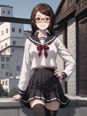 masterpiece, best quality, highres
,//Character, 
1girl, solo,SakimiyaMisaki, brown hair, twin braids, brown eyes, glasses, red-framed eyewear
,//Fashion, 
school uniform, hair ornament, hairclip, pleated skirt, black thighhighs
,//Background, 
,//Others, ,Expressiveh, 
A twin-tailed assassin girl perched on a rooftop, observing a medieval fantasy city at night.,Samurai_Girl