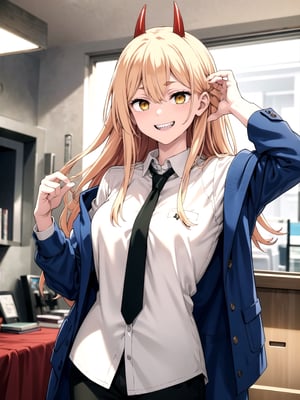 //Quality,
(masterpiece), (best quality), 8k illustration
,//Character,
1girl, solo
,//Fashion,
,//Background,
indoors
,//Others,
,power_csm, blonde hair, yellow eyes, cross-shaped pupils, symbol-shaped pupils, red horns, white buttoned shirt, blue jacket, black necktie, black pants, sharp teeth, grin