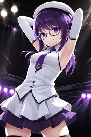 (best quality),(masterpiece),(ultra detailed),(highres),production art,solo,1girl, solo, hat, glasses, necktie, armpits, thighhighs, purple hair, smile, green-framed eyewear, looking at viewer, skirt, purple eyes, arms behind head, medium breasts, gloves, arms up, idol, breasts, bangs, stage, black thighhighs, semi-rimless eyewear, white headwear, zettai ryouiki, elbow gloves, sleeveless, stage lights, under-rim eyewear, beret, detached sleeves, standing, white skirt, shirt