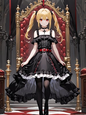 masterpiece, best quality, highres
,//Character, 
1girl, solo,AmaneMisa, twintails, blonde hair, red eyes, sidelocks
,//Fashion, 
black dress, sleeveless, bare shoulders, collarbone, choker, skirt, frills, belt, black pantyhose, cross
,//Background, 
,//Others, ,Expressiveh, 
A young girl with heterochromatic eyes, wearing an elaborate gothic lolita dress, standing confidently in a grand throne room.