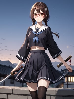 masterpiece, best quality, highres
,//Character, 
1girl, solo,SakimiyaMisaki, brown hair, twin braids, brown eyes, glasses, red-framed eyewear
,//Fashion, 
school uniform, hair ornament, hairclip, pleated skirt, black thighhighs
,//Background, 
,//Others, ,Expressiveh, 
A twin-tailed assassin girl perched on a rooftop, observing a medieval fantasy city at night.,Samurai_Girl, weapon, holding_weapon