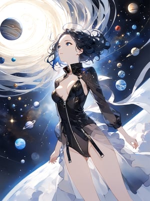 masterpiece, best quality, highres
,//Character, 
1girl, solo
,//Fashion, 
,//Background, white background
,//Others, ,Expressiveh, 
,AobaTsukuyo,
A girl unzipping the sky like a giant zipper, revealing a cosmic realm filled with planets and nebulae behind it.