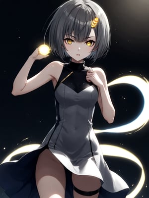 best quality, 8k, 8k UHD, ultra-high resolution, ultra-high definition, highres
,//Character, 
1girl, solo
,//Fashion, 
,//Background, 
,//Others, ,Expressiveh, 
Ataru, short hair, grey hair, yellow eyes, heterochromia, glowing, single horn, dress, legs,
A martial artist mid-kick, her gi revealing a glimpse of athletic physique.