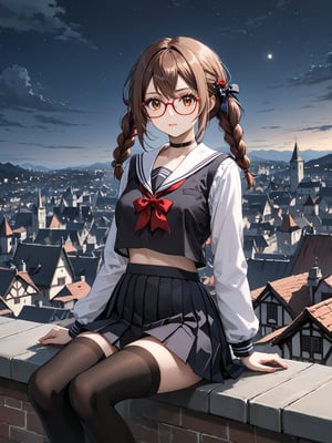 masterpiece, best quality, highres
,//Character, 
1girl, solo,SakimiyaMisaki, brown hair, twin braids, brown eyes, glasses, red-framed eyewear
,//Fashion, 
school uniform, hair ornament, hairclip, pleated skirt, black thighhighs
,//Background, 
,//Others, ,Expressiveh, 
A twin-tailed assassin girl perched on a rooftop, observing a medieval fantasy city at night.