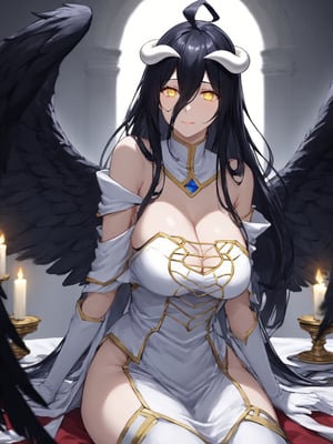 masterpiece, best quality, highres
,//Character, 
1girl, solo,albedo \(overlord\), long hair, black hair, hair between eyes, yellow eyes, horns, ahoge, black wings, feathered wings, low wings
,//Fashion, 
white gloves, white dress, bare shoulders, detached collar, cleavage, slit pupils
,//Background, 
,//Others, ,Expressiveh, 
A young priestess kneeling before a dark altar, surrounded by ominous statues and flickering candles.