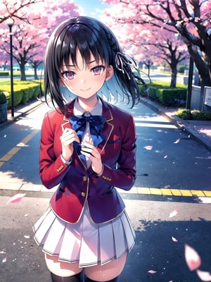 //Quality,
(masterpiece), (best quality), 8k illustration
,//Character,
1girl, solo
,//Fashion,
,//Background,
school gate, cherry blossoms
,//Others,
,aasuzune, short hair, black hair, (single braid:1.2), hair ribbon, red jacket, blazer, blue bowtie, long sleeves, white skirt, black thighhighs, happy tears, smile