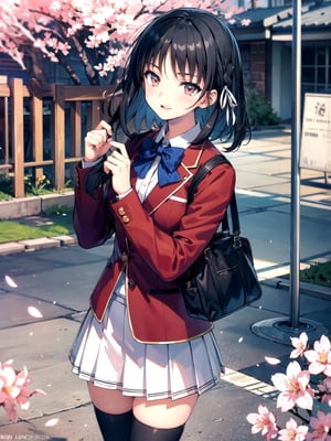 //Quality,
(masterpiece), (best quality), 8k illustration
,//Character,
1girl, solo
,//Fashion,
,//Background,
school gate, cherry blossoms
,//Others,
,aasuzune, short hair, black hair, (single braid:1.2), hair ribbon, red jacket, blazer, blue bowtie, long sleeves, white skirt, black thighhighs, happy tears, smile