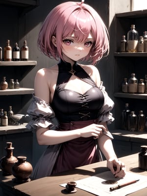 best quality, 8k, 8k UHD, ultra-high resolution, ultra-high definition, highres
,//Character, 
1girl, solo
,//Fashion, 
,//Background, 
,//Others, ,Expressiveh, 
Alural, short hair, pink hair, pink eyes, dress, Female alchemist mixing potions in a cluttered workshop, scrolls with strange symbols, focused expression, vial with swirling black liquid