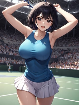 masterpiece, best quality, 8k, 8k UHD, ultra-high resolution, ultra-high definition, highres
,//Character, 
1girl, solo,ShimizuChikako, short hair, bob cut, black hair, black eyes, large breasts
,//Fashion, 
 tennis uniform
,//Background, 
,//Others, ,Expressiveh, 
v-shaped eyebrows, open mouth, sweat, red clay court, 
A young female tennis prodigy celebrating her victory at the Olympics, arms raised in triumph as the crowd cheers.