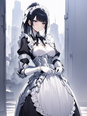 //Character, 1girl, solo,narberal gamma \(overlord\), long hair, black hair, glay eyes, bangs, ponytail, medium breats
//Fashion, ribbon, bow, maid, apron, armored dress, gloves
//Background, white_background, simple background, 
//Quality, (masterpiece), best quality, ultra-high resolution, ultra-high definition, highres, intricate, intricate details, absurdres, highly detailed, finely detailed, ultra-detailed, ultra-high texture quality, natural lighting, natural shadow, dramatic shading, dramatic lighting, vivid colour, perfect hands, perfect fingers, perfect anatomy, 
//Others, 