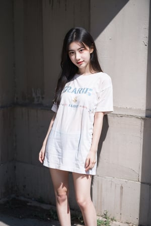 smile,cold,FilmGirl,Fujifilm,{beautiful and detailed eyes},girl in oversize t-shirt custume,big breast,calm expression,natural and soft light,brown-hair,delicate facial features,cnc_cc,beautiful_korean_girl,realhands,chaeryeong,small_head,curly_hair,little_cute_girl,chaeryeong,little_cute_girl,photorealistic,masterpiece,best quality,raw photo,1girl,fullbody,long hair,detailed eyes and face,light smile,long shot,detailed skin,pore,dynamic lighting,in the dark,deep shadow,low key, full body, small_head, tall, full_body