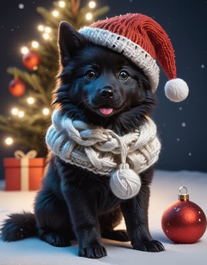 a detailed view photo of a chibi Santa Claus black wolf dog made of knitting,Tongue out,((dog looking at viewer,isolated on a plain night background)),snowman on the floor, hyper detailed, trending on artstation, sharp focus, studio photo,8K,masterpiece,best quality,high resolution,aesthetic portrait,ral-chrcrts,christmas,sweetscape