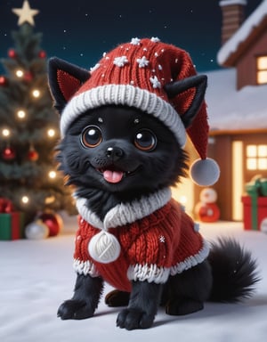 a detailed view photo of a chibi Santa Claus black wolf dog made of knitting,Tongue out,((dog looking at viewer,isolated on a plain night background)),snowman on the floor, hyper detailed, trending on artstation, sharp focus, studio photo,8K,masterpiece,best quality,high resolution,aesthetic portrait,ral-chrcrts,christmas,sweetscape