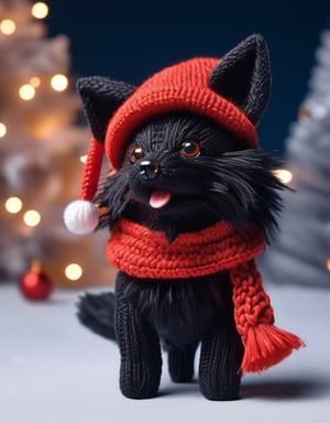 a detailed view photo of a chibi Santa Claus black wolf dog made of knitting,Tongue out,((isolated on a plain night background)),hyper detailed, trending on artstation, sharp focus, studio photo,8K,masterpiece,best quality,high resolution,aesthetic portrait,ral-chrcrts,christmas,sweetscape