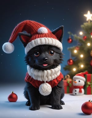 a detailed view photo of a chibi Santa Claus black wolf dog made of knitting,Tongue out,((dog looking at viewer,isolated on a plain night background)),snowman on the floor, hyper detailed, trending on artstation, sharp focus, studio photo,8K,masterpiece,best quality,high resolution,aesthetic portrait,ral-chrcrts,christmas,sweetscape