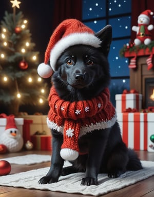 a detailed view photo of a cute Santa Claus black wolf dog made of knitting,Tongue out,((dog looking at viewer,isolated on a plain night background)),snowman on the floor, hyper detailed, trending on artstation, sharp focus, studio photo,8K,masterpiece,best quality,high resolution,aesthetic portrait,ral-chrcrts,christmas,sweetscape